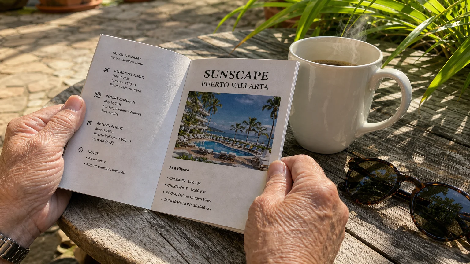 Hands of a senior couple holding an open travel booklet on a rustic patio table, planning their vacation.