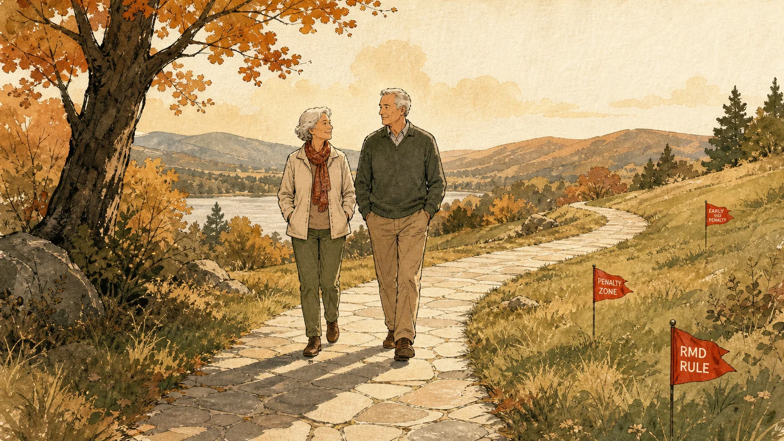 Illustration of a retired couple walking safely on a stone path past small red warning flags, representing safe tax navigation.