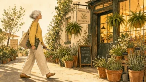 Illustration of a retired woman with silver hair walking toward a cozy botanical nursery workshop under golden afternoon light.