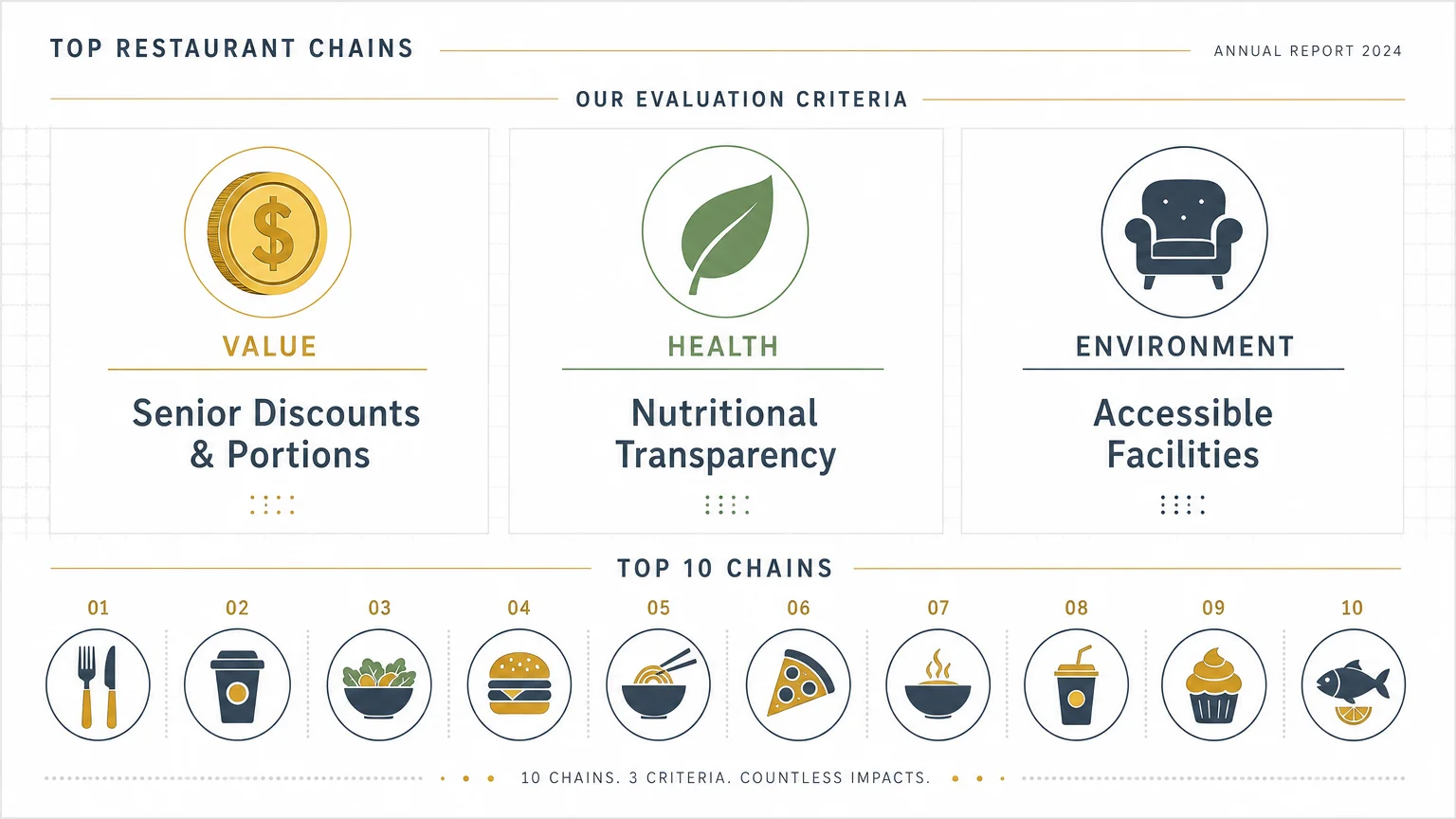 Infographic showing three criteria for top senior restaurants: Value, Health, and Environment, with icons for each.