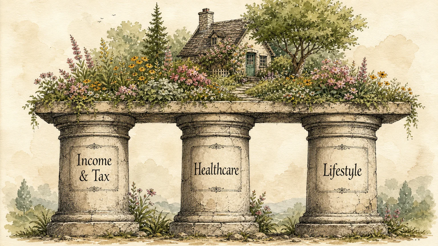 Ink and watercolor illustration of three stone pillars labeled Income & Tax, Healthcare, and Lifestyle, supporting a flourishing cottage gar