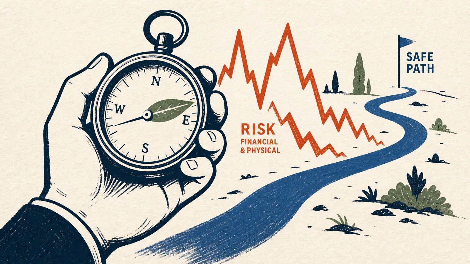 Minimalist graphic illustration of a hand holding a compass pointing a safe path away from a jagged red risk line.