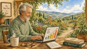 Warm gouache illustration of a retired man working on a laptop at his kitchen table, which opens up to a sunny outdoor garden.