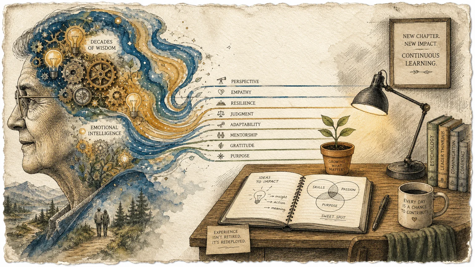 Watercolor illustration of a senior's profile silhouette connecting thoughts of wisdom to a cozy, creative workspace.