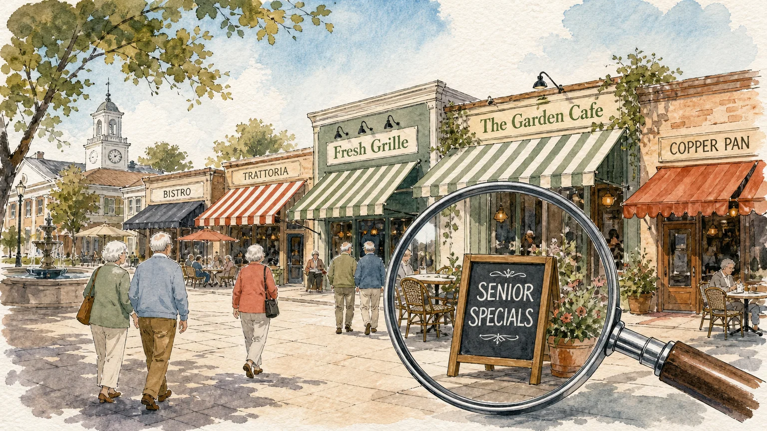 Watercolor illustration of a town square with several restaurants and a 'Senior Specials' sign under a magnifying glass.