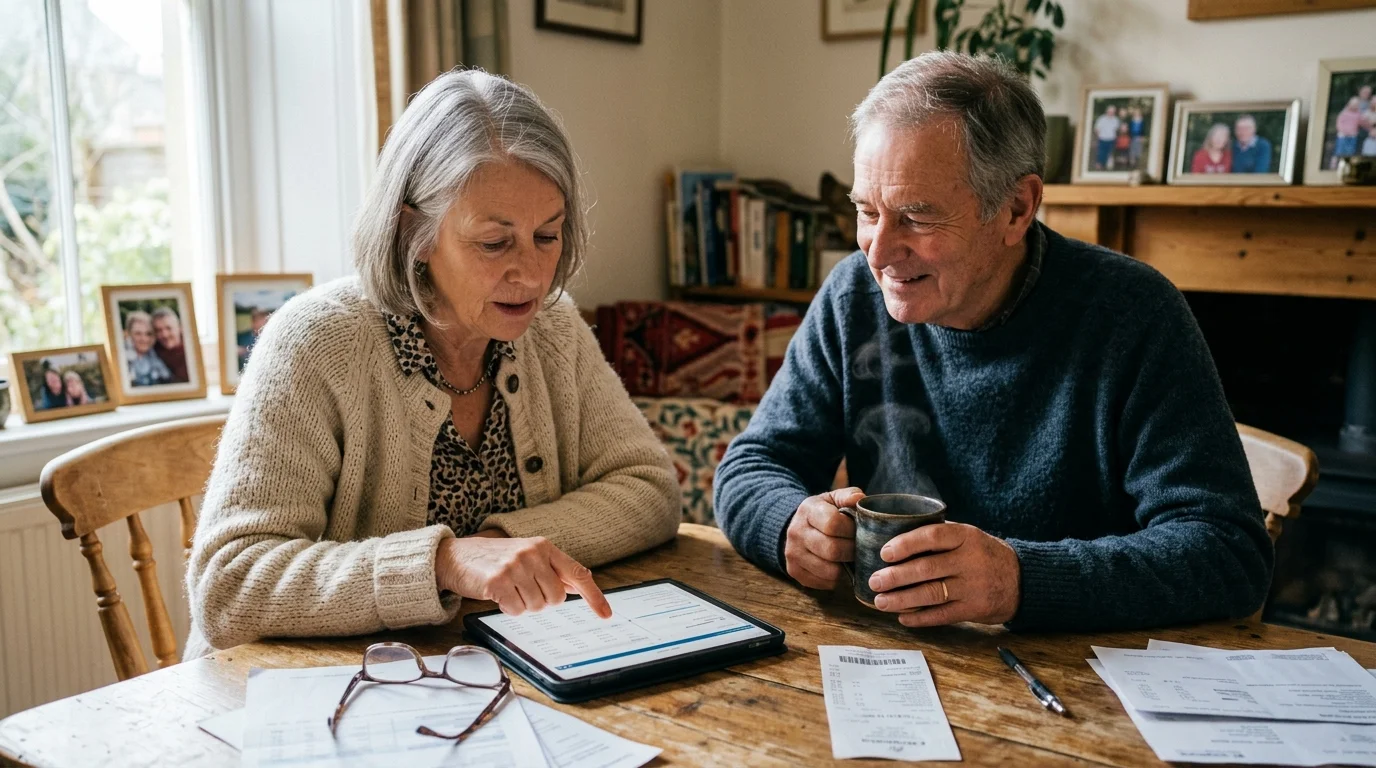 A candid photo of an elderly couple at their wooden dining table planning their budget with a tablet and coffee.