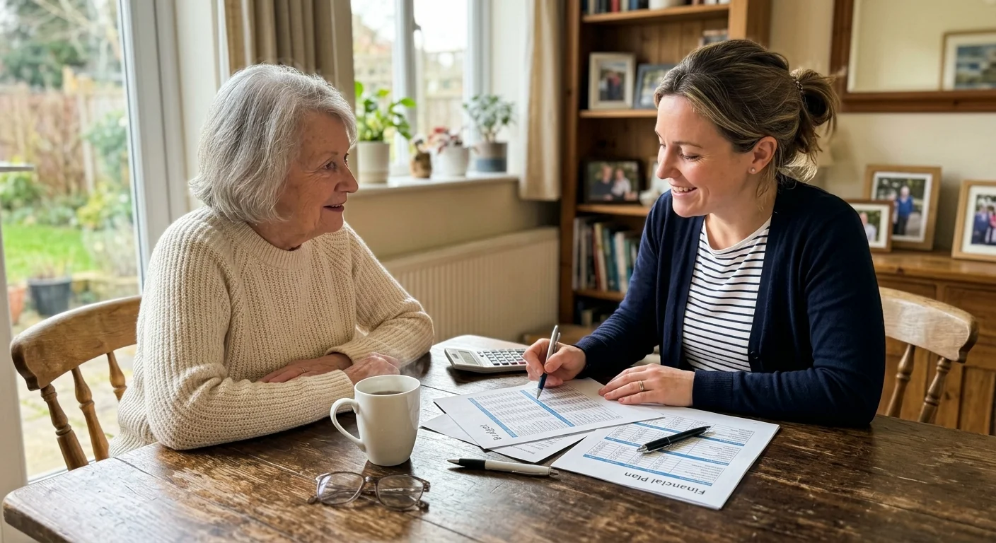 A candid photograph of a retired woman discussing a budget document with a financial advisor at a sunlit wooden dining table.