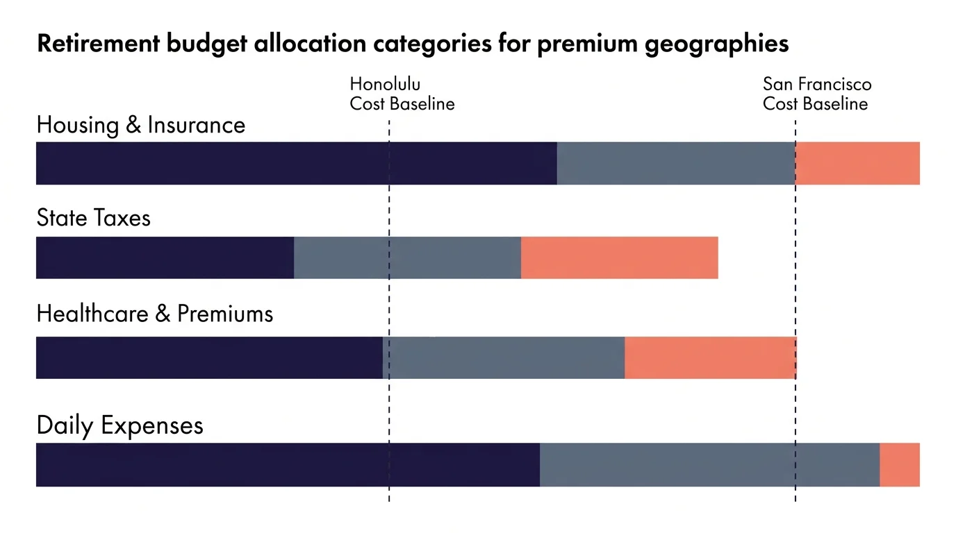 A clean horizontal diagram showing retirement budget categories like housing, taxes, and healthcare with city baselines.