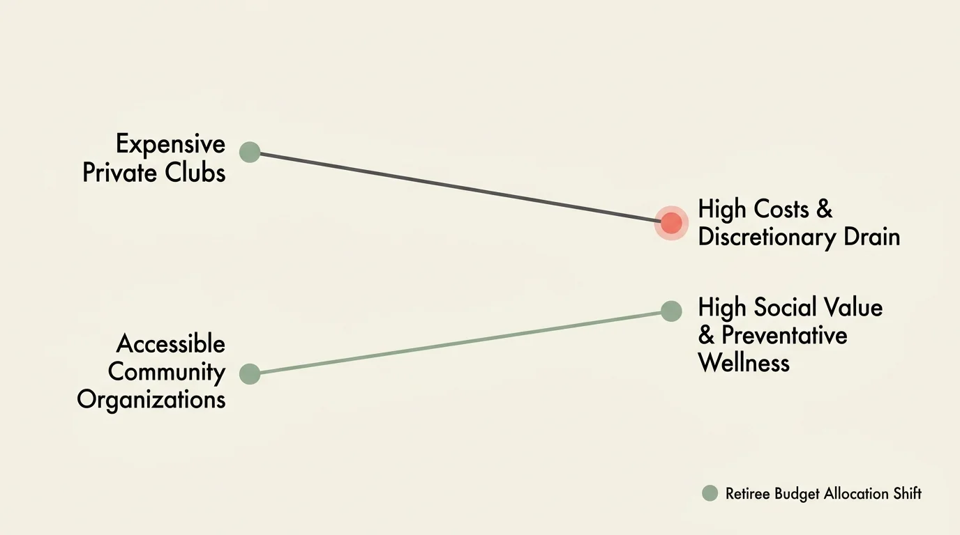 A clean horizontal infographic comparing high-cost private clubs with high-value community organizations.