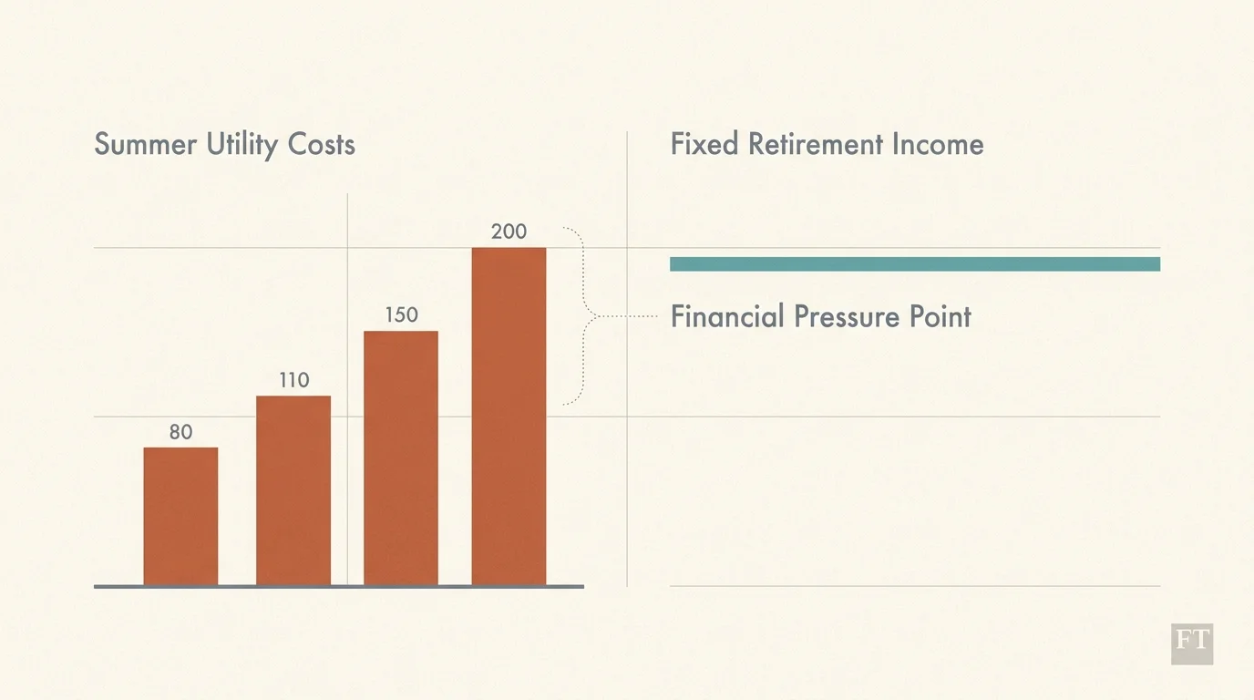 A clean, minimalist chart illustrating the intersection of rising summer utility costs and fixed retirement incomes.