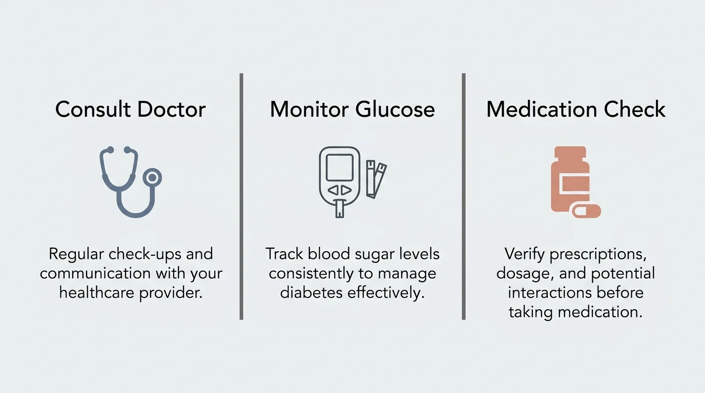 A clean, three-column medical safety diagram emphasizing doctor consultation, glucose monitoring, and medication checks.