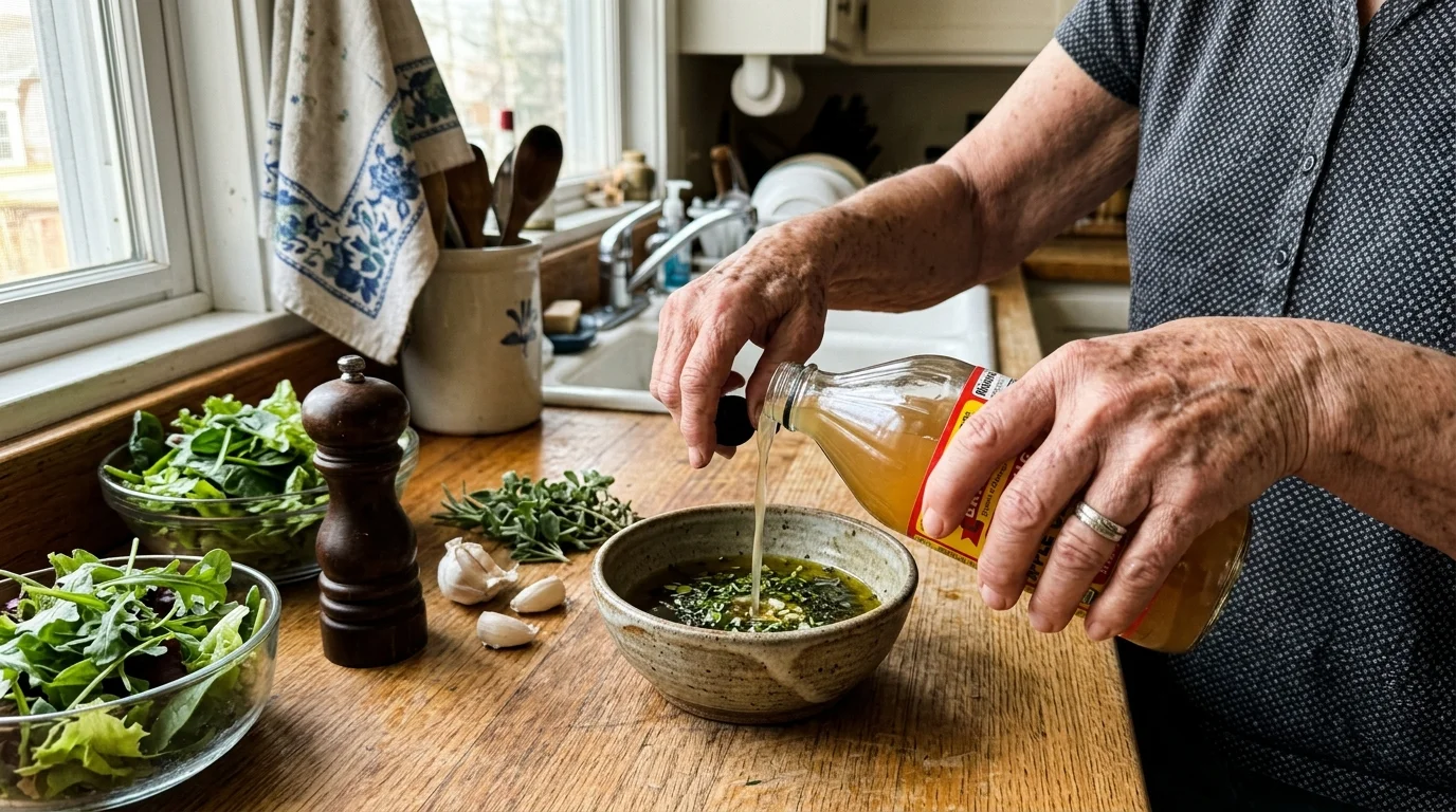 A close-up of a senior's hands pouring apple cider vinegar into a dressing bowl alongside fresh salad ingredients.