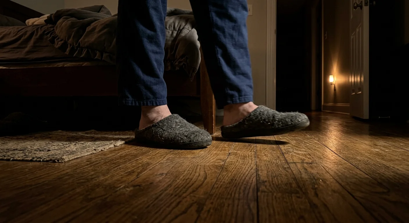 A close-up photograph of a person's feet in slippers stepping onto a hardwood floor in a dark room with a warm nightlight.