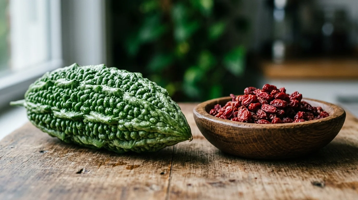 A close-up photograph of a textured green bitter melon next to a small wooden bowl filled with bright red barberries.