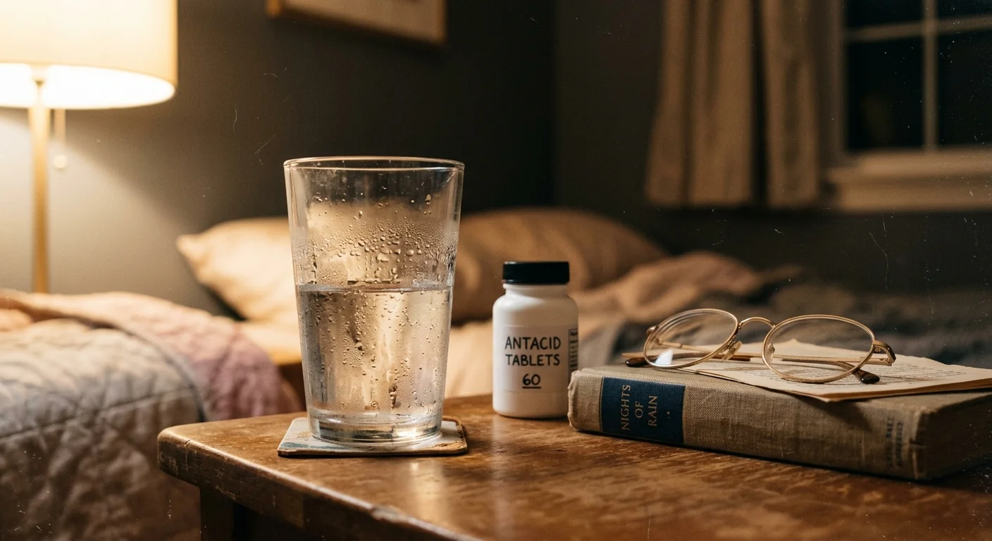 A close-up shot of a bedside table with a glass of water and a bottle of antacids in the warm light of a lamp.