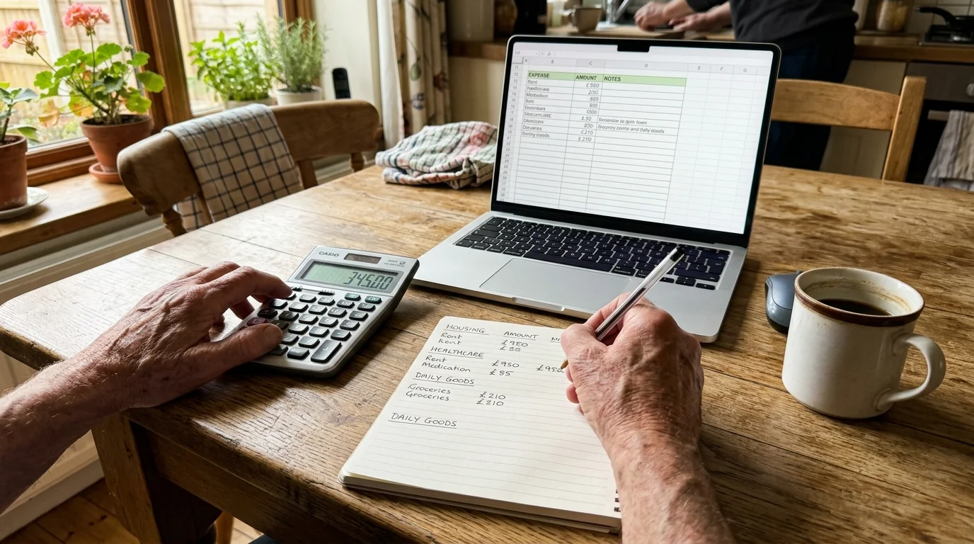 A close-up shot of a retiree's hands budgeting on a wooden table with a notebook, calculator, and laptop.