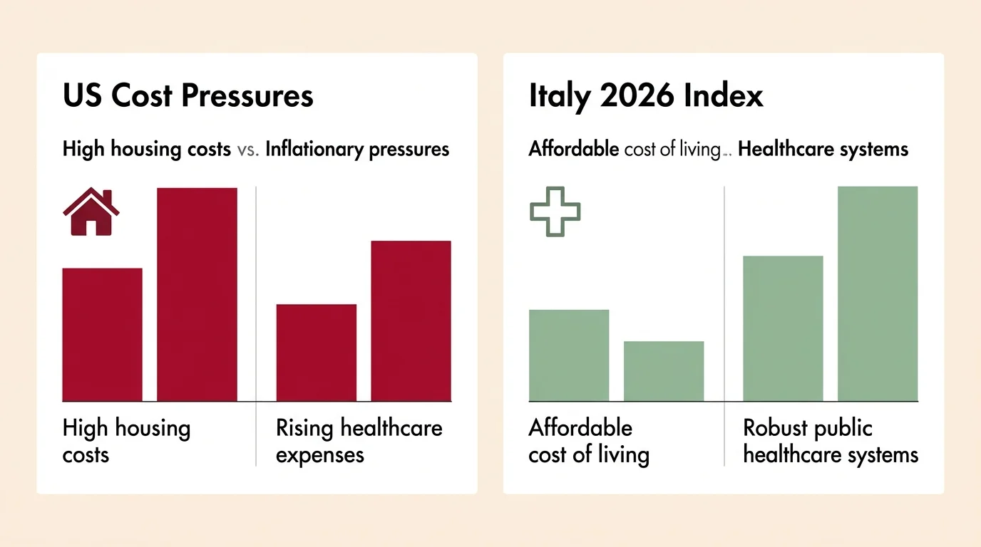 A comparative infographic contrasting high US living costs with Italy's affordable healthcare and housing.