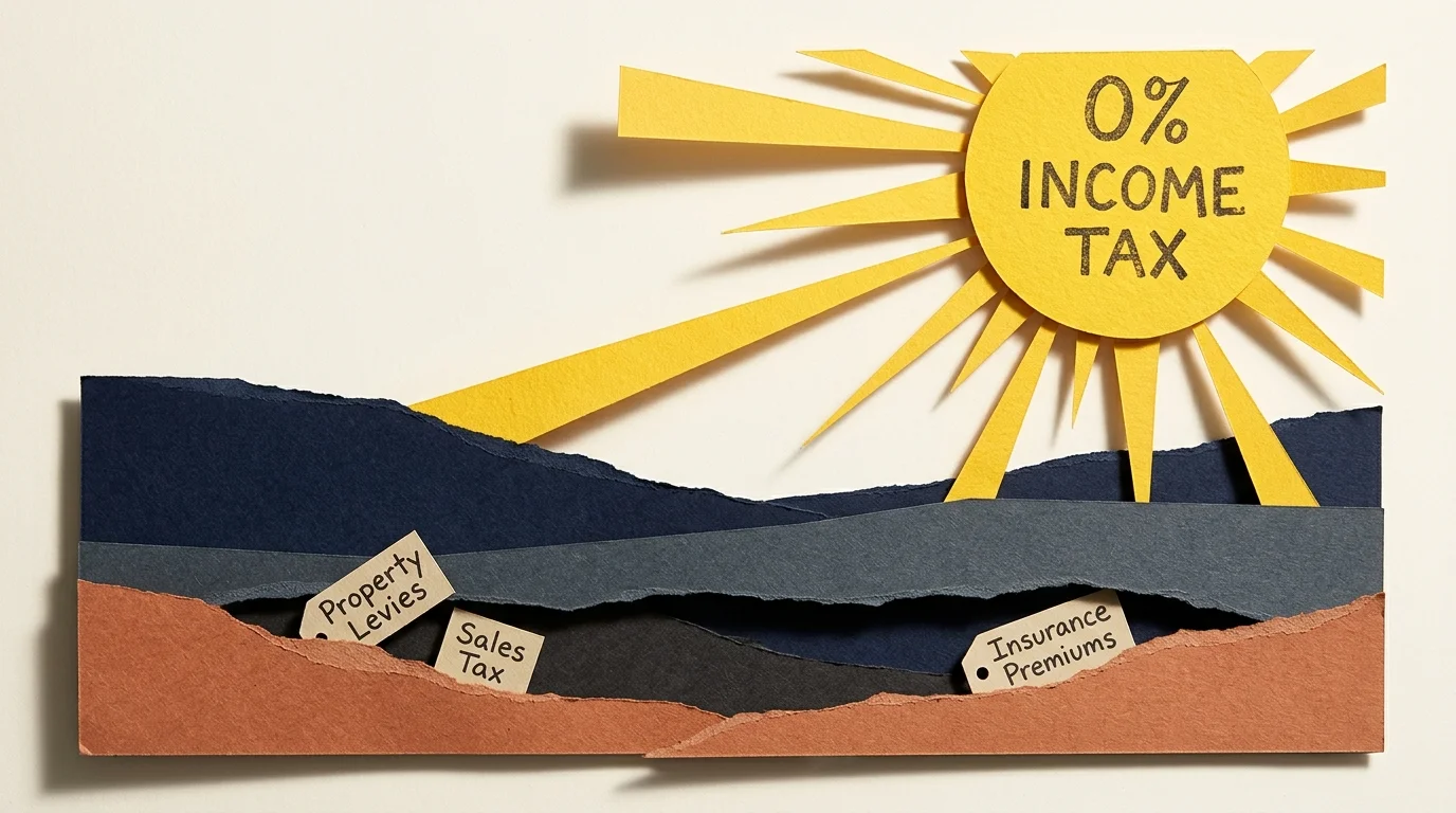 A cut-paper collage showing a '0% Income Tax' sun casting shadows that reveal hidden costs like property levies and sales tax.