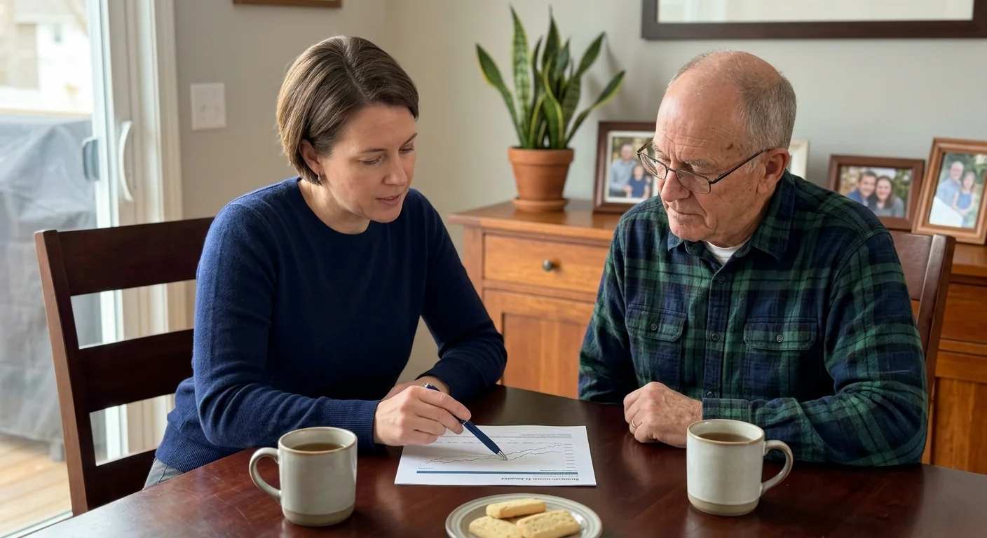 A female financial planner in a sweater reviews a document with an older man at a dining table with mugs of tea.