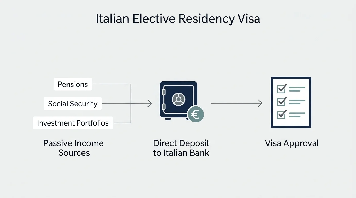 A financial flow diagram showing how pensions, Social Security, and investment portfolios feed into Italian visa approval.