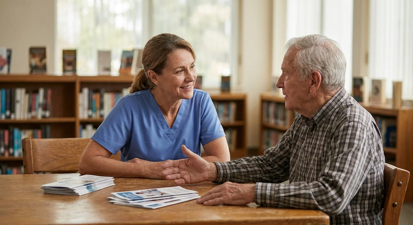 A friendly healthcare worker listens to an elderly man during a consultation in a bright community center library.