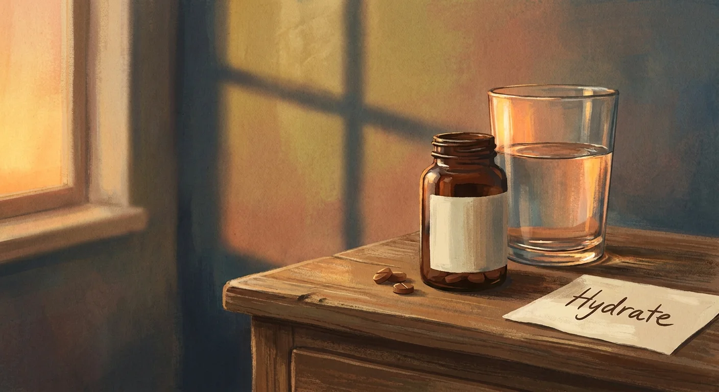 A gouache illustration of a water glass and prescription bottle on a nightstand, symbolizing the heat risks associated with medication.