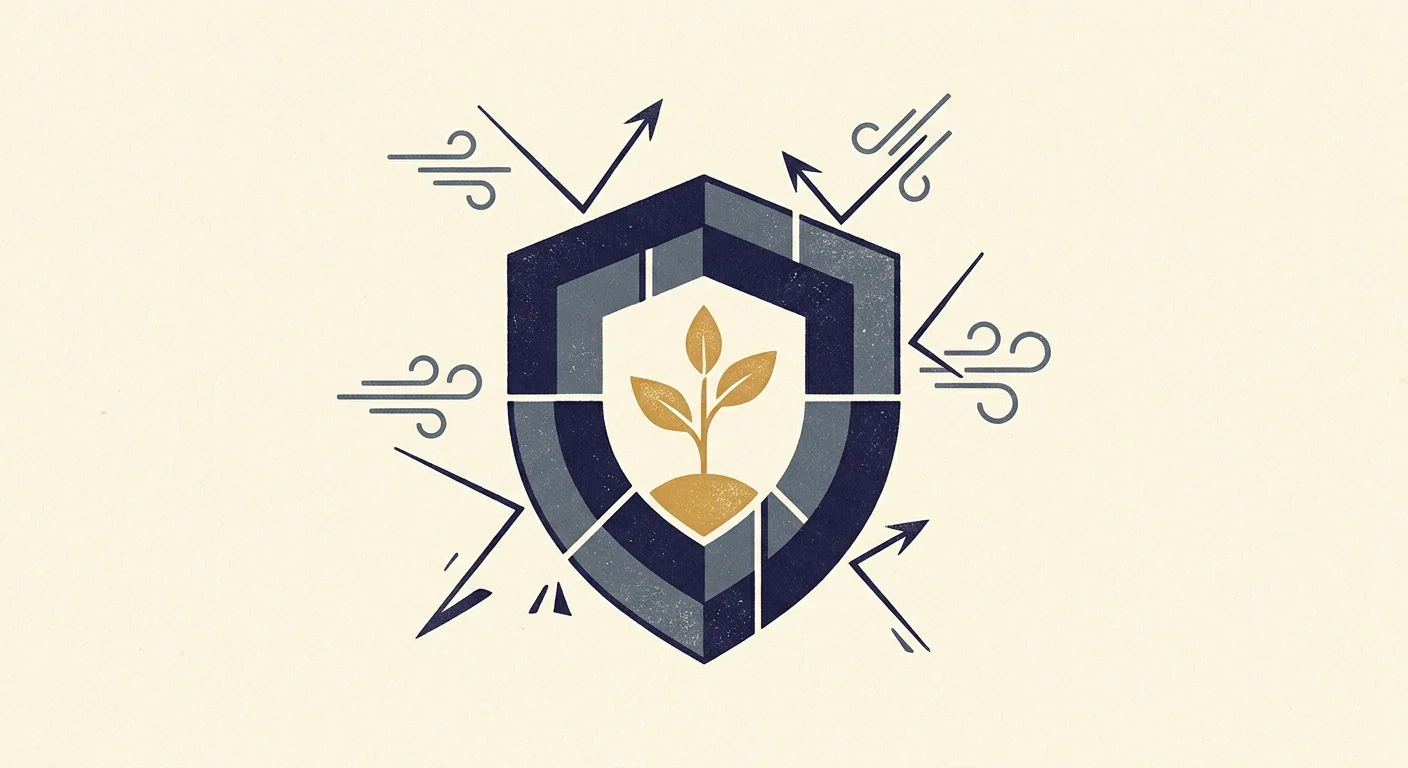 A graphic screenprint of a geometric shield protecting a golden seedling from abstract wind gusts, representing wealth preservation.