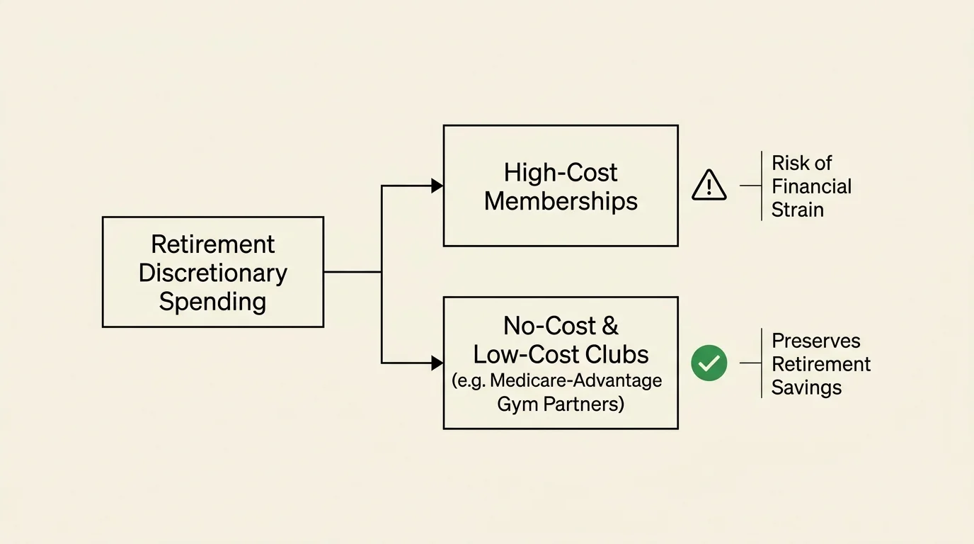 A horizontal concept map evaluating retirement spending paths between high-cost memberships and low-cost community clubs.