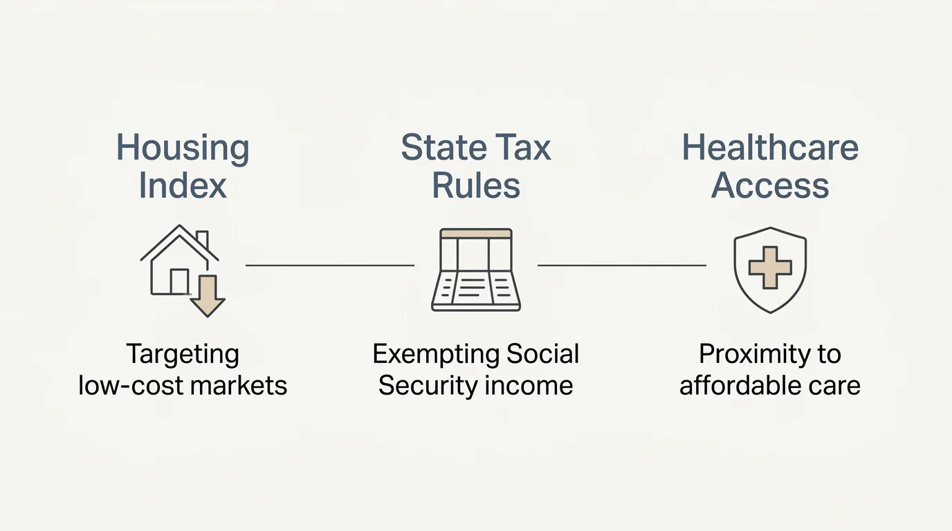A horizontal diagram outlining the three pillars: Housing Index, State Tax Rules, and Healthcare Access.
