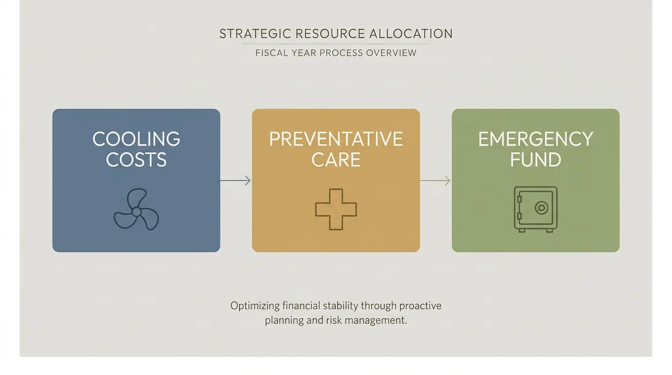 A horizontal diagram showing three key budget categories for summer safety: Cooling Costs, Preventative Care, and Emergency Fund.
