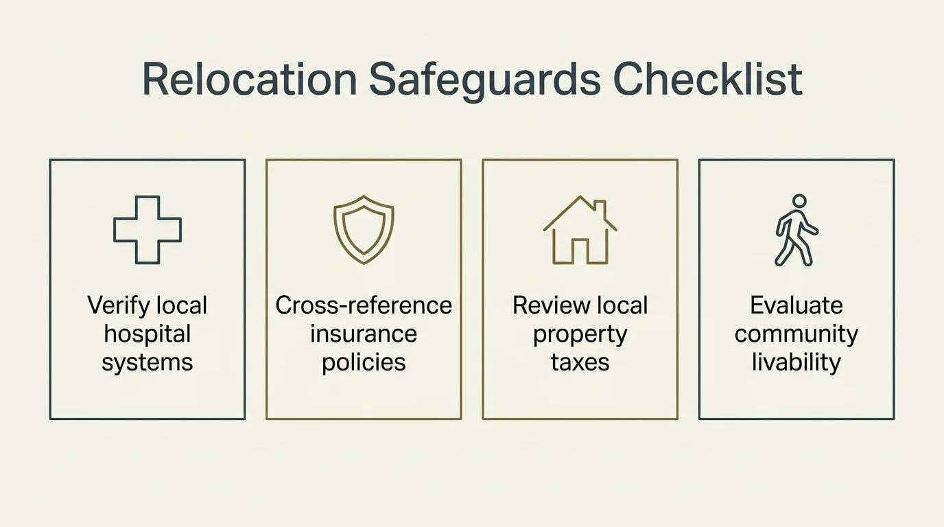 A horizontal four-step checklist diagram covering hospital verification, insurance policies, property taxes, and community livability.