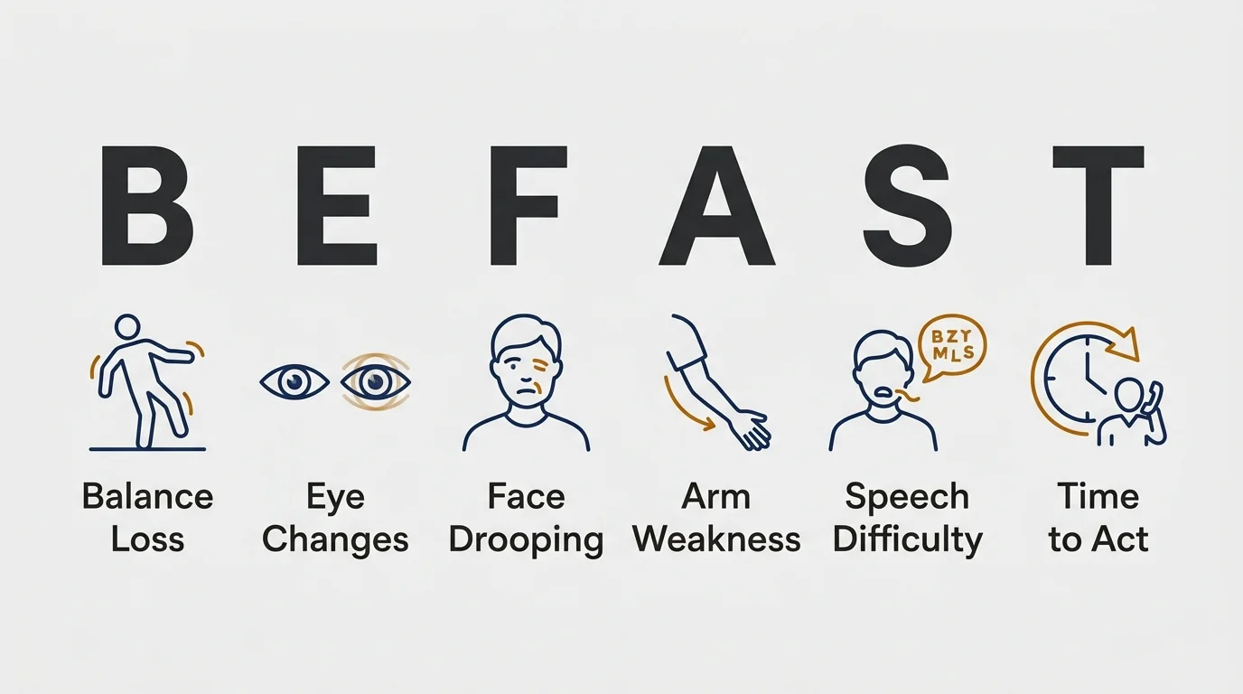 A horizontal graphic of the B.E. F.A.S.T. stroke protocol with letters for Balance, Eyes, Face, Arms, Speech, and Time.