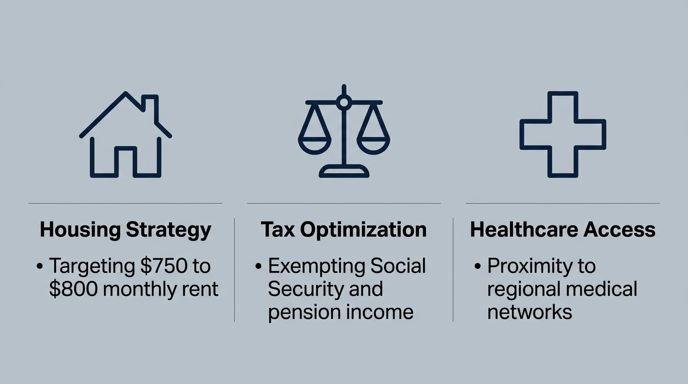A horizontal three-column infographic detailing the pillars of affordable retirement: Housing Strategy, Tax Optimization, and Healthcare Acc