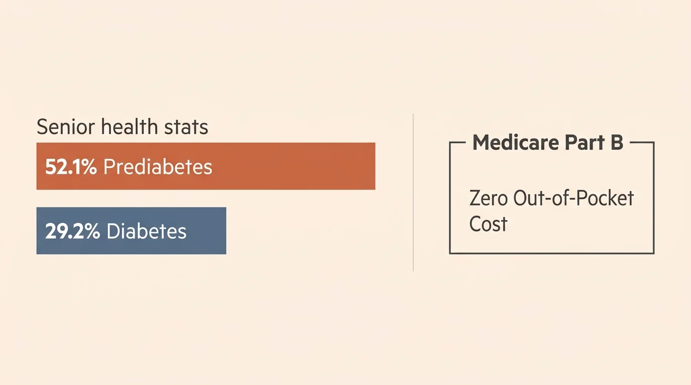 A minimalist chart showing senior blood sugar statistics alongside Medicare Part B's free diabetes prevention coverage.