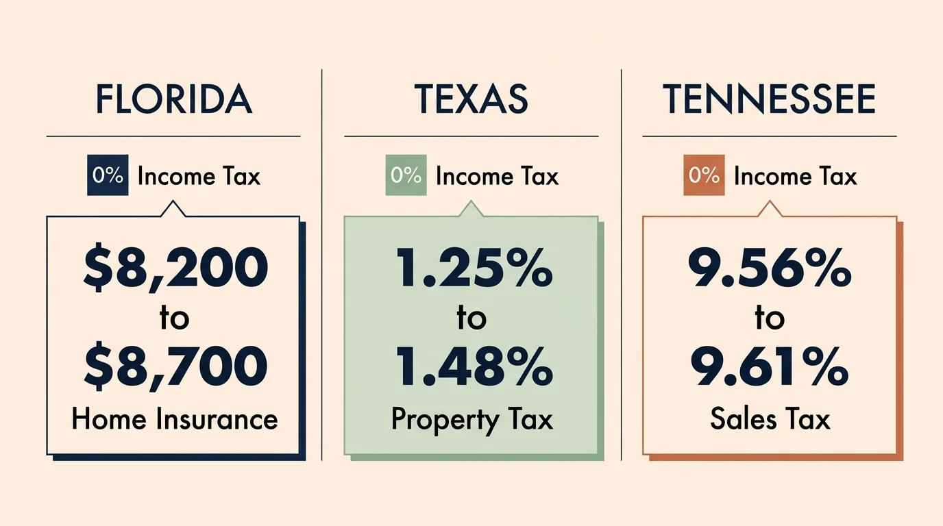 A minimalist data diagram comparing hidden costs in Florida, Texas, and Tennessee using exact figures from the article.
