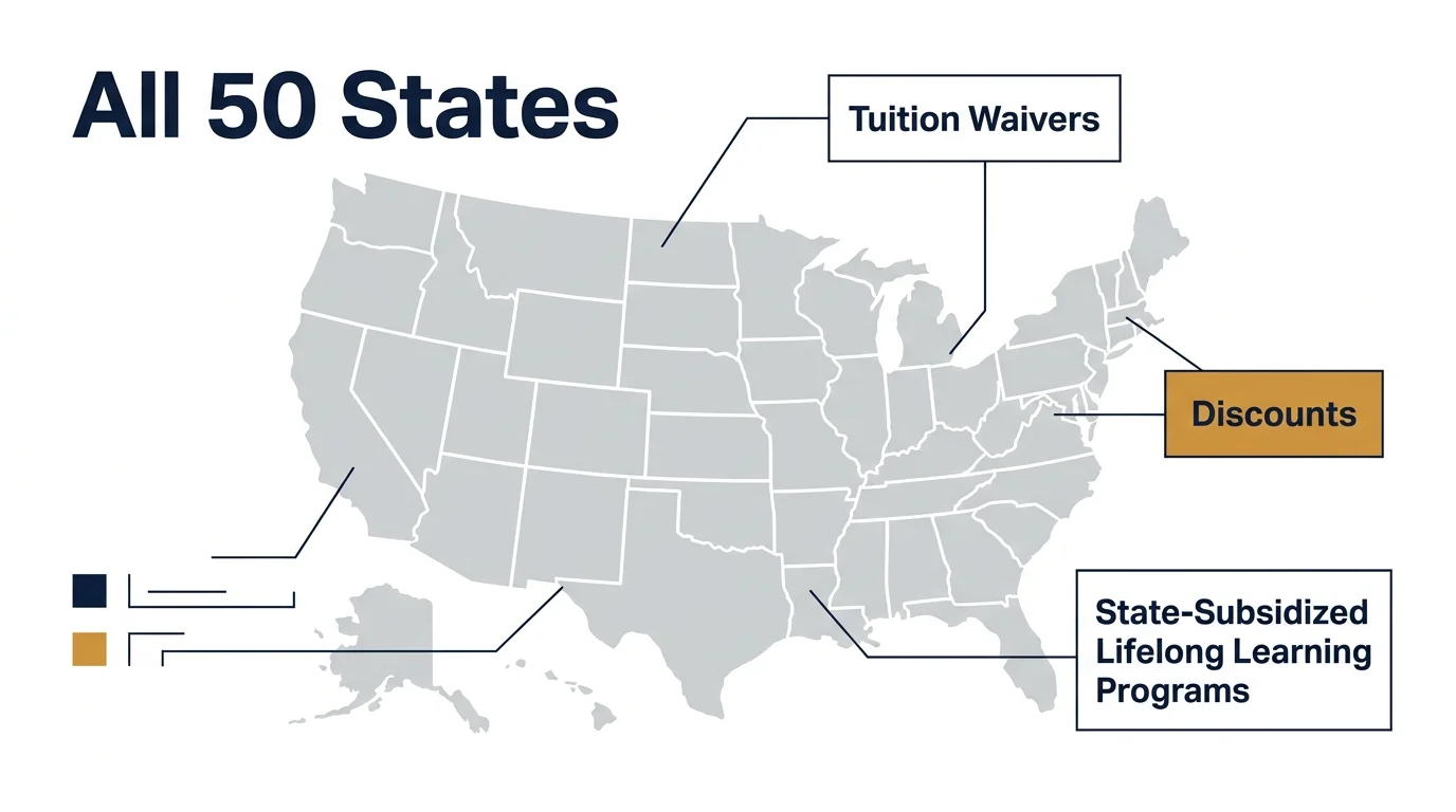 A minimalist map of the US highlighting tuition waivers and discounts across all 50 states.