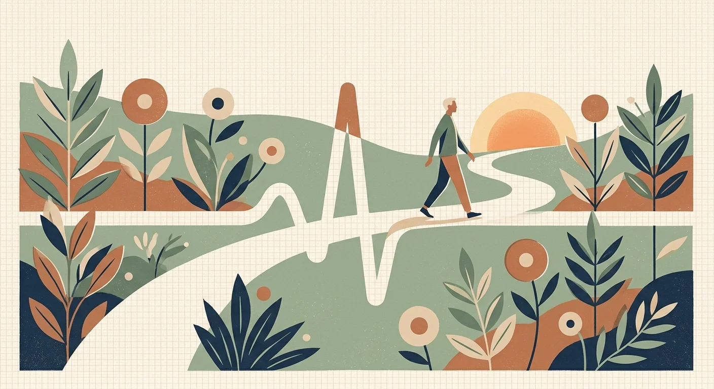 A minimalist screenprint illustration of a figure walking along a heartbeat-shaped path through a stylized garden toward the sun.