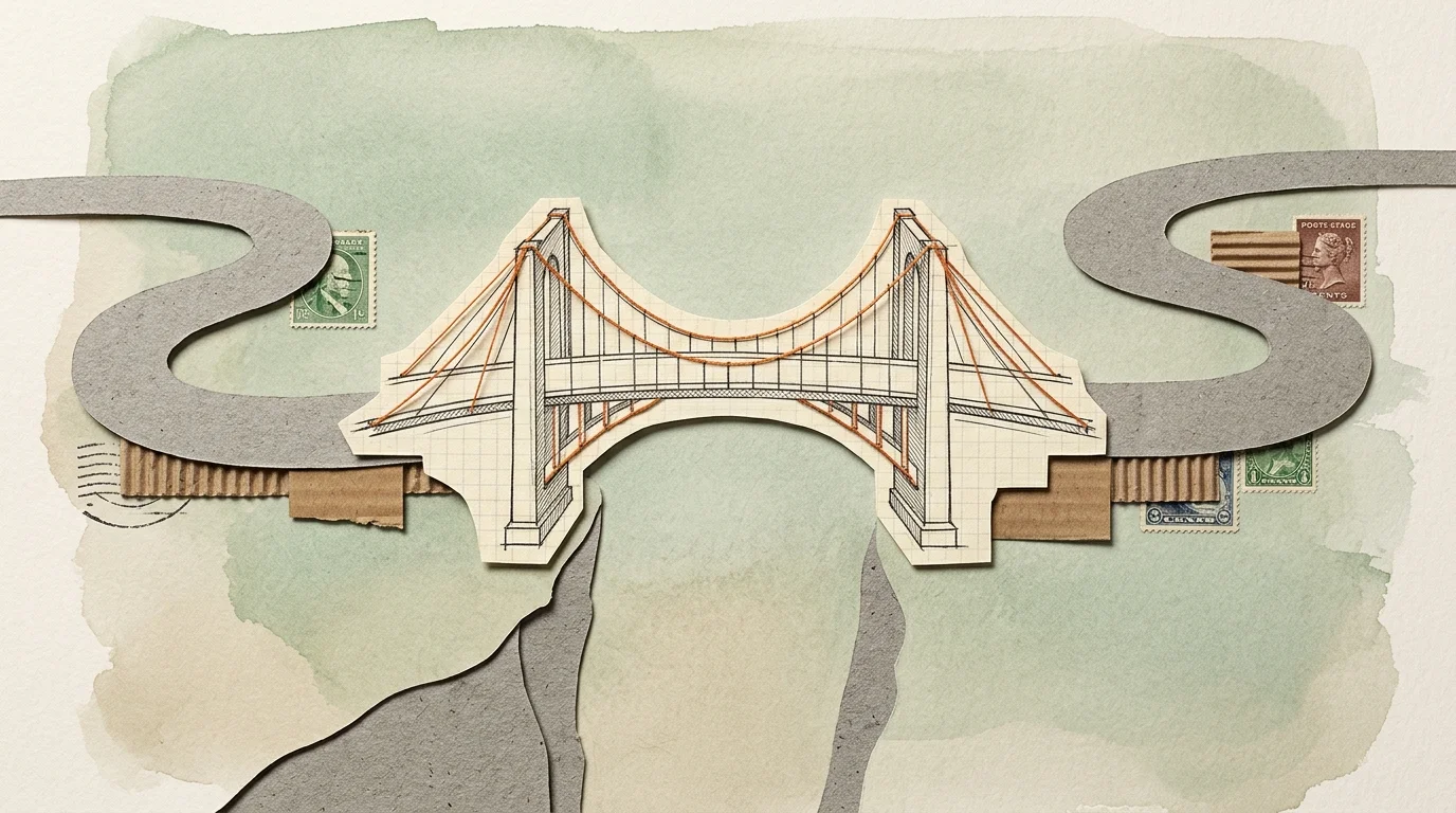 A mixed-media collage of a winding cardstock path with a gap, bridged securely by an ink-sketched architectural structure.