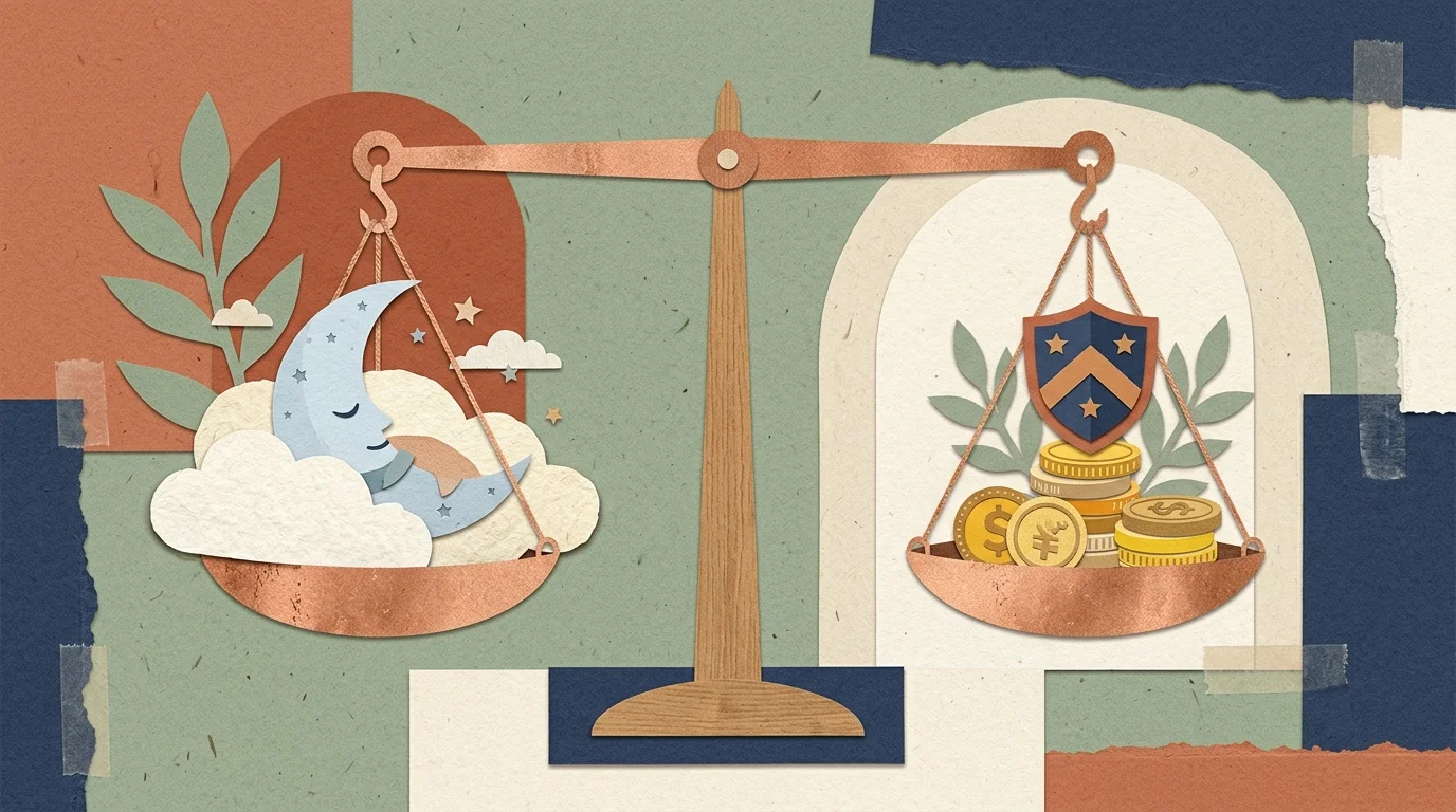 A paper-cut collage showing a scale balancing a sleeping moon cloud with golden coins and a protective shield.