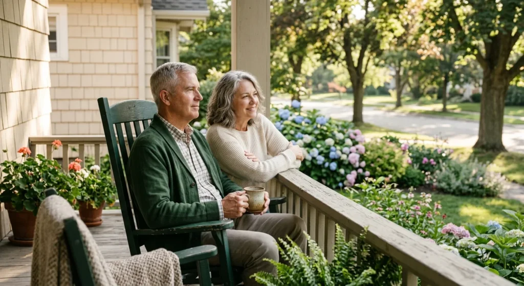 A retired couple relaxing on a sunny front porch of a craftsman home, enjoying a quiet morning with coffee in a warm, inviting neighborhood.