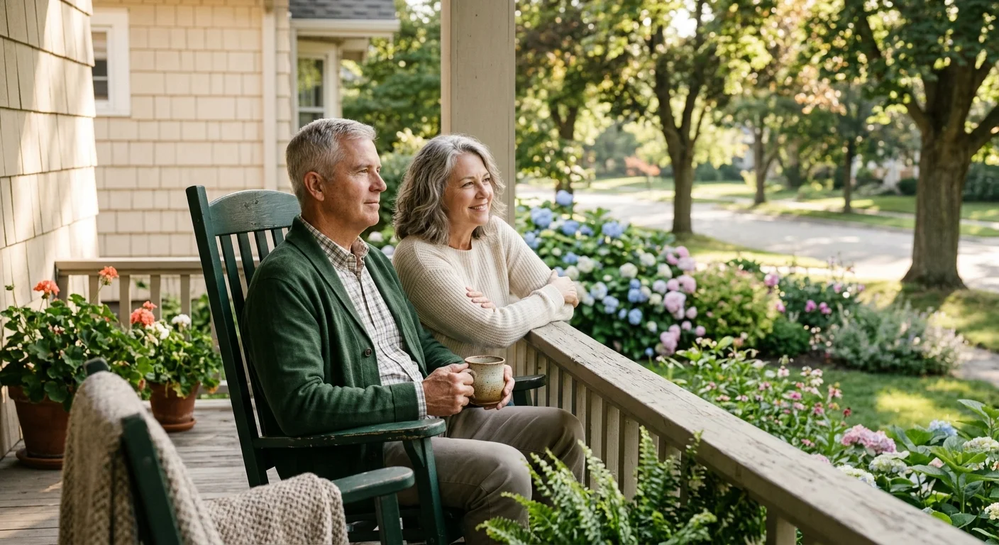 A retired couple relaxing on a sunny front porch of a craftsman home, enjoying a quiet morning with coffee in a warm, inviting neighborhood.