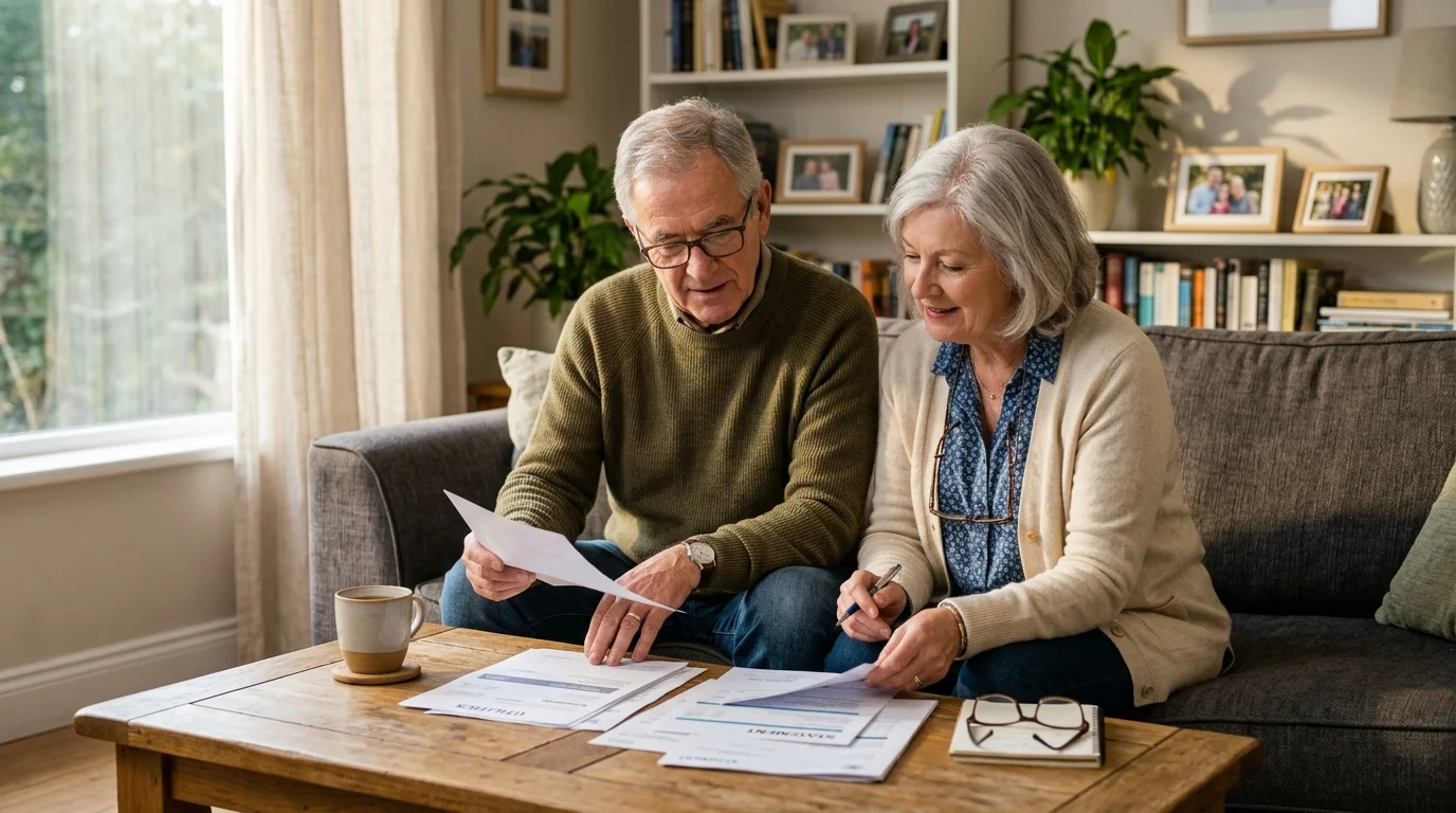 A retired couple reviews financial planning documents together in their sunlit, cozy living room during the late afternoon.