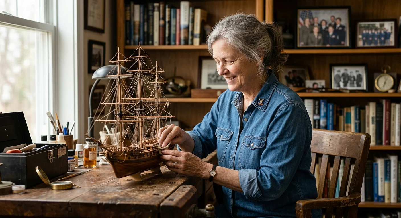 A retired female veteran focusing on a wooden model ship hobby in her warm, sunlit home workshop.