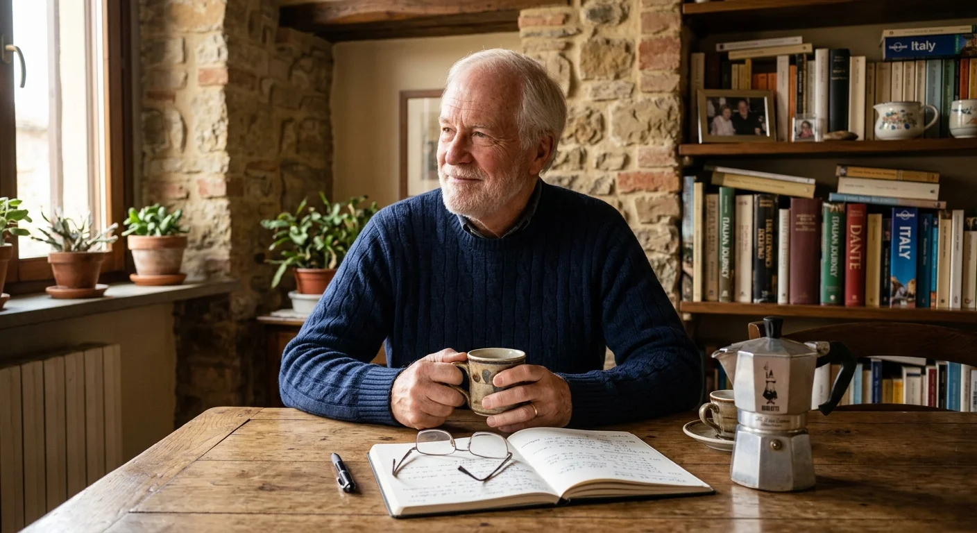 A retired man in a cozy Italian home reflects over morning coffee at his dining table.