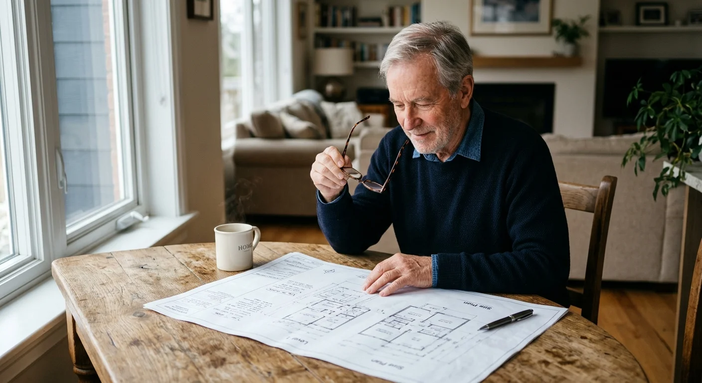 A retired man reviews architectural home plans at a wooden table in a sunlit room, symbolizing real estate decisions.
