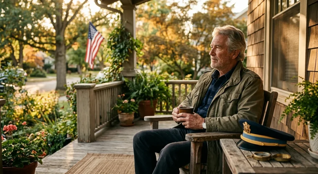 A retired veteran sitting on his sunlit wooden porch, looking out thoughtfully in a peaceful residential neighborhood.