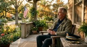 A retired veteran sitting on his sunlit wooden porch, looking out thoughtfully in a peaceful residential neighborhood.