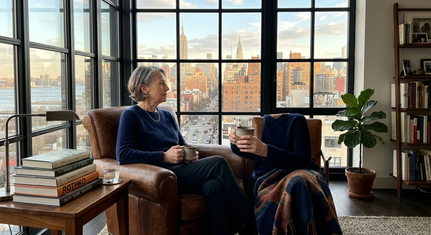 A retired woman looking out a high-rise window at the Manhattan skyline, representing the high cost of premium urban retirement.