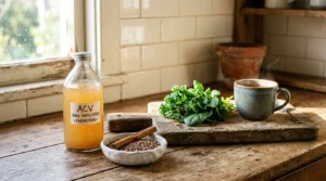 A rustic kitchen scene featuring a bottle of apple cider vinegar, dry lentils, and a cinnamon stick in warm morning light.