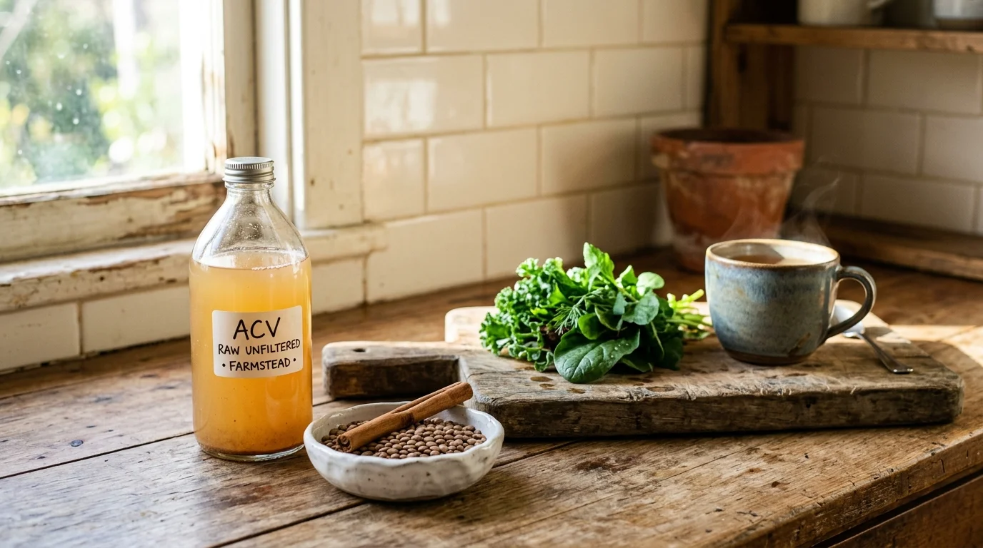 A rustic kitchen scene featuring a bottle of apple cider vinegar, dry lentils, and a cinnamon stick in warm morning light.